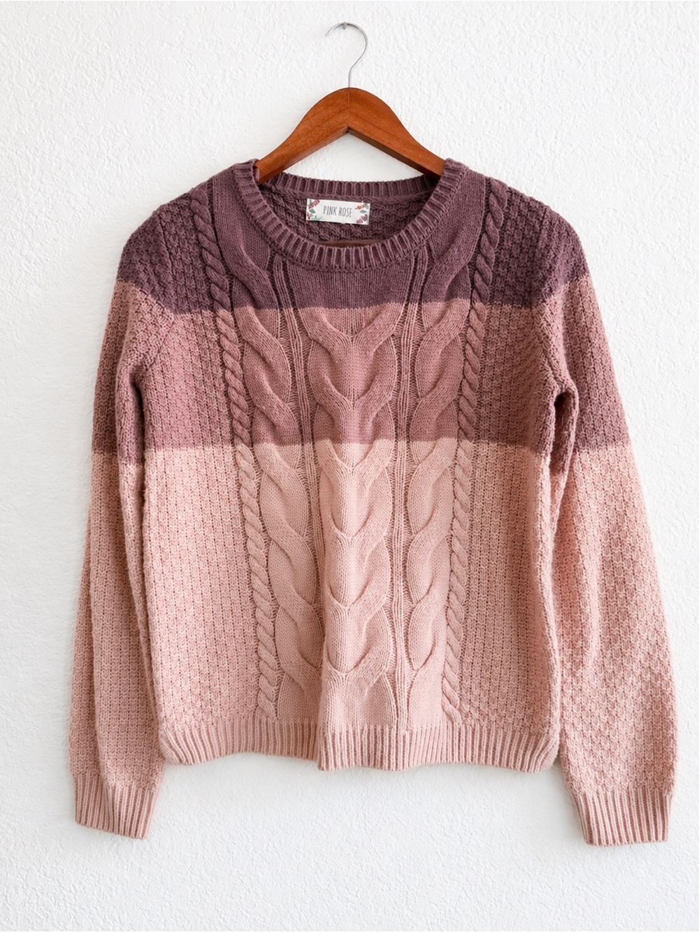 Pink Rose Mauve Blush Striped Cable Knit Crewneck Sweater M